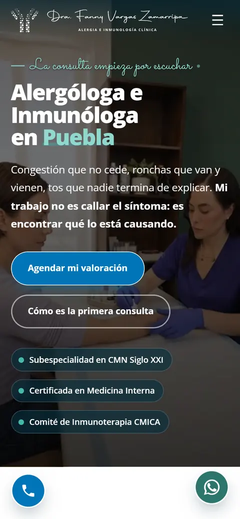 Sitio web de la Dra. Fanny Vargas, alergóloga en Puebla, visto en un celular