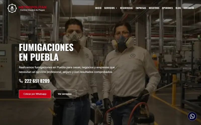 Portada del sitio web de Fumigaciones Metropolitan, control de plagas en Puebla