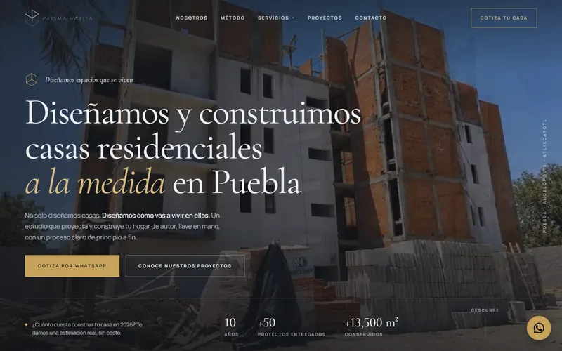 Portada del sitio web de Prisma Habita, construcción de casas residenciales en Puebla